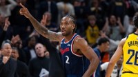 LA Clippers forward Kawhi Leonard (2) celebrates the game winning shot in the second half against the Indiana Pacers at Gainbridge Fieldhouse.