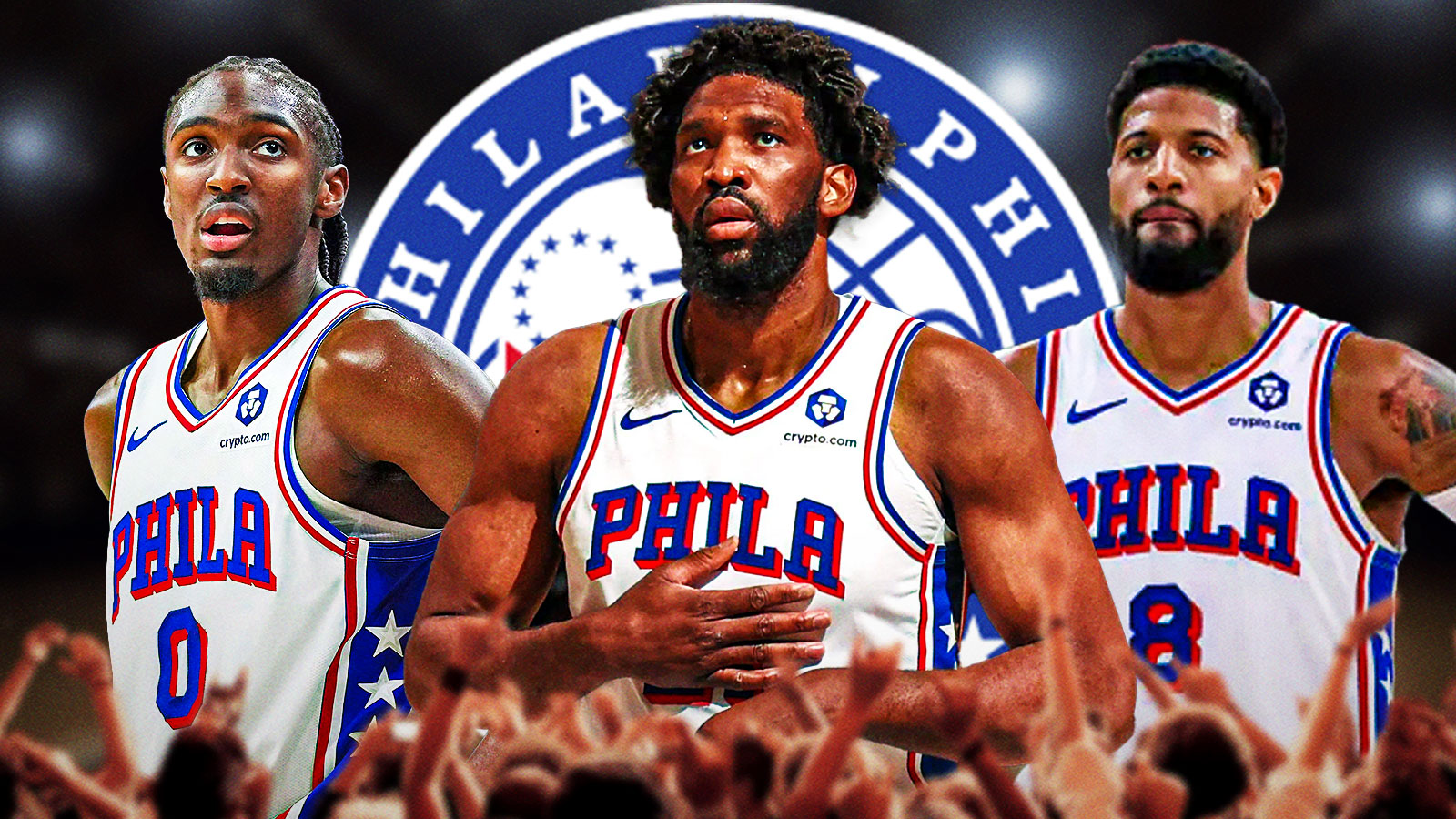 76ers' Joel Embiid with Paul George and Tyrese Maxey