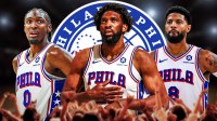 76ers' Joel Embiid with Paul George and Tyrese Maxey
