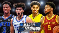 BYU's AJ Dybantsa, Duke's Cameron Boozer, Michigan's Yaxel Lendeborg and Iowa State's Joshua Jefferson March Madness logo in front