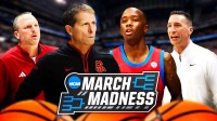 USC coach Eric Musselman, SMU guard Boopie Miller, Auburn coach Steven Pearl, Indiana guard Darian DeVries. All with stoic/confused/angry expressions March Madness logo in front