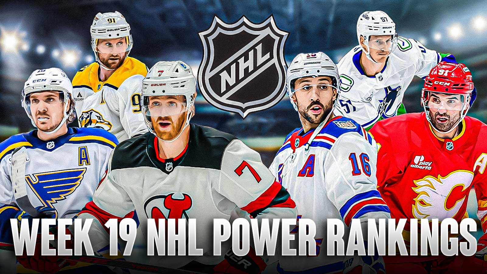 Nazem Kadri, Vincent Trocheck, Robert Thomas, Tyler Myers, Steven Stamkos and Dougie Hamilton all in image looking stern, NHL logo in middle, hockey rink in background, Text: Week 19 NHL Power Rankings