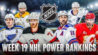 Nazem Kadri, Vincent Trocheck, Robert Thomas, Tyler Myers, Steven Stamkos and Dougie Hamilton all in image looking stern, NHL logo in middle, hockey rink in background, Text: Week 19 NHL Power Rankings