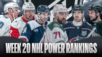 Nazem Kadri in a Colorado Avalanche jersey, Justin Faulk in a Detroit Red Wings jersey, Conor Garland in a Columbus Blue Jackets jersey, Corey Perry in a Tampa Bay Lightning jersey, Nick Foligno in a Minnesota Wild jersey and Scott Laughton in a Los Angeles Kings jersey, NHL logo in middle, hockey rink in background, Text: Week 20 NHL Power Rankings