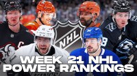 Anze Kopitar, Rasmus Dahlin, John Carlson (in an Anaheim Ducks sweater, he played for them last night), Nick Schmaltz, Auston Matthews and Radko Gudas all in image, NHL logo in middle, hockey rink in background, Text: Week 21 NHL Power Rankings