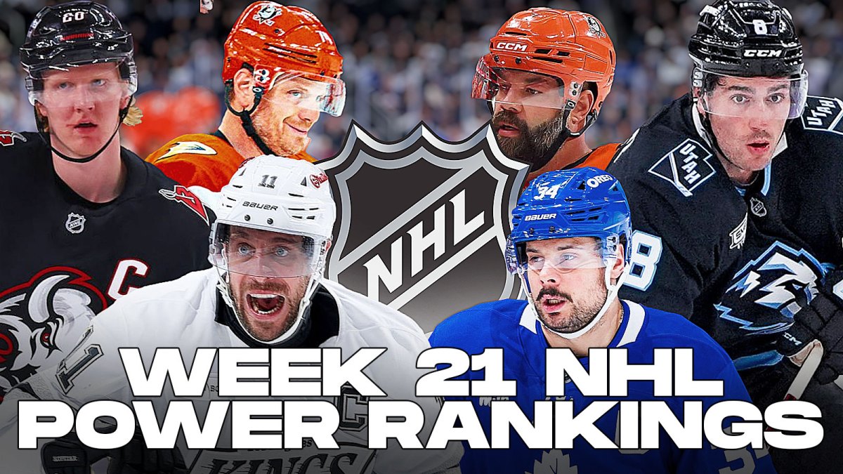 Anze Kopitar, Rasmus Dahlin, John Carlson (in an Anaheim Ducks sweater, he played for them last night), Nick Schmaltz, Auston Matthews and Radko Gudas all in image, NHL logo in middle, hockey rink in background, Text: Week 21 NHL Power Rankings