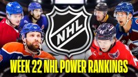 Leon Draisaitl, Cole Hutson (Washington Capitals jersey), Cole Caufield, Martin Necas, Mika Zibanejad and Evgeni Malkin in image, NHL logo in middle, hockey rink in background, Text: Week 22 NHL Power Rankings