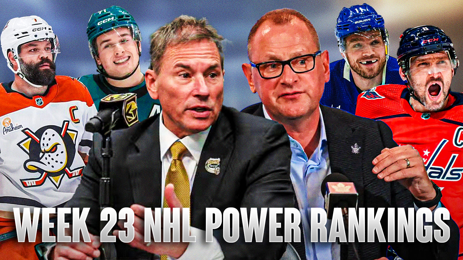 Bruce Cassidy and Brad Treliving in middle both looking stern (in suits), Radko Gudas and Macklin Celebrini on one side, Alex Ovechkin and Max Domi on other side, hockey rink in background, Text: Week 23 NHL Power Rankings