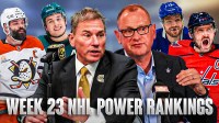 Bruce Cassidy and Brad Treliving in middle both looking stern (in suits), Radko Gudas and Macklin Celebrini on one side, Alex Ovechkin and Max Domi on other side, hockey rink in background, Text: Week 23 NHL Power Rankings