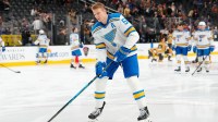 St. Louis Blues defenseman Colton Parayko (55) warms up before a game against the Vegas Golden Knights at T-Mobile Arena