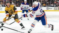 Edmonton Oilers center Connor McDavid (97) shoots against the Vegas Golden Knights during the second period at T-Mobile Arena.