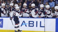 Columbus Blue Jackets right wing Conor Garland (83) reacts after scoring a goal against the Tampa Bay Lightning in the third period at Benchmark International Arena.