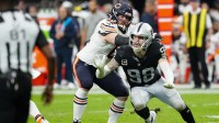 Chicago Bears guard Joe Thuney (62) attempts to stop Las Vegas Raiders defensive end Maxx Crosby (98) during the second half at Allegiant Stadium.