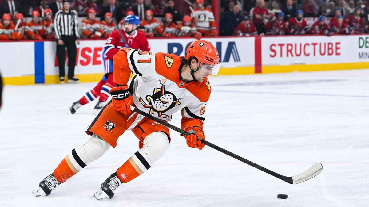 Anaheim Ducks left wing Cutter Gauthier (61) plays the puck against the Montreal Canadiens during the first period at Bell Centre.