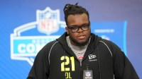 Ohio State defensive lineman Kayden McDonald (DL21) speaks during the NFL Scouting Combine at the Indiana Convention Center.