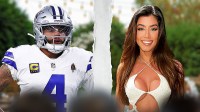 Dallas Cowboys quarterback Dak Prescott and Sarah Jane Ramos, whose break-up came a month before their planned wedding, with page torn effect between them.