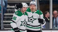 Dallas Stars center Roope Hintz (24) celebrates with right wing Mikko Rantanen (96) after scoring a goal against the San Jose Sharks during the first period at SAP Center at San Jose.