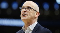 UConn Huskies head coach Dan Hurley looks on against the Duke Blue Devils in the first half during an Elite Eight game of the East Regional of the men's 2026 NCAA Tournament at Capital One Arena.
