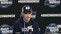UConn Huskies head coach Dan Hurley speaks with the media during a press conference ahead of the east regional of the men's 2026 NCAA Tournament at Capital One Arena.