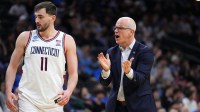 UConn Huskies head coach Dan Hurley in the second half during a first round game of the men's 2026 NCAA Tournament at Xfinity Mobile Arena.
