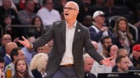 Connecticut Huskies head coach Dan Hurley questions a call against the St. John's Red Storm during the first half of the men's Big East Conference Tournament Championship at Madison Square Garden.