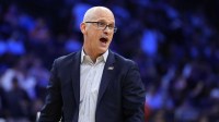 UConn Huskies head coach Dan Hurley reacts in the first half during a second round game of the men's 2026 NCAA Tournament at Xfinity Mobile Arena.