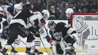 Los Angeles Kings goaltender Darcy Kuemper (35) makes a save during the second period against the Edmonton Oilers at Crypto.com Arena.