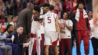 Arkansas Razorbacks guard Darius Acuff Jr (5) exits the game late in the second half against the Texas Longhorns at Bud Walton Arena. Arkansas won 105-85.