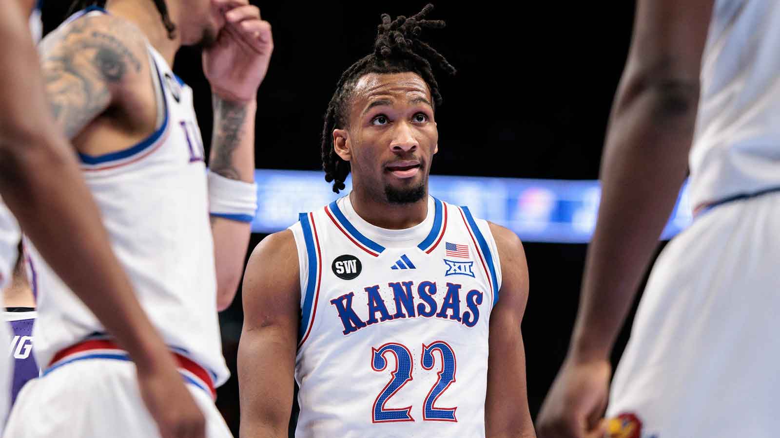 Kansas Jayhawks guard Darryn Peterson (22) during a break in play during the second half against the TCU Horned Frogs at T-Mobile Center. 