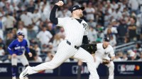 New York Yankees relief pitcher David Bednar (53) delivers a pitch in the eighth inning against the Toronto Blue Jays during game three of the ALDS round for the 2025 MLB playoffs at Yankee Stadium.