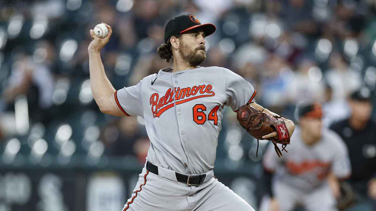 Baltimore Orioles starting pitcher Dean Kremer (64) delivers a pitch against the Chicago White Sox during the first inning at Rate Field.