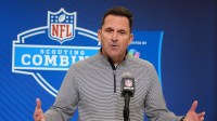 Denver Broncos general manager George Paton speaks during the NFL Scouting Combine at the Indiana Convention Center.