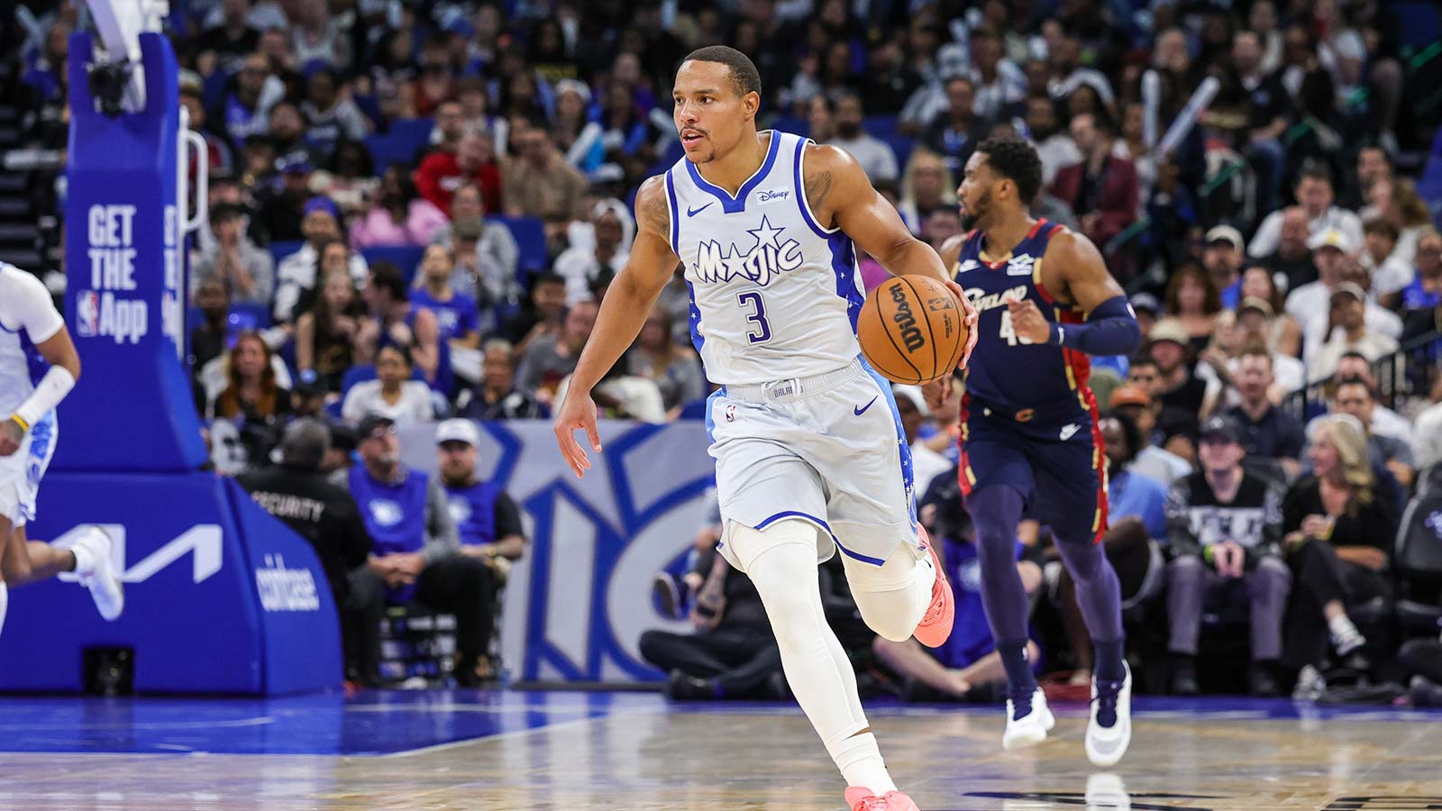 Orlando Magic guard Desmond Bane (3) brings the ball up court during the second quarter against the Cleveland Cavaliers at Kia Center