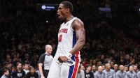 Detroit Pistons center Jalen Duren (0) celebrates after dunking in the third quarter against the Brooklyn Nets at Barclays Center.