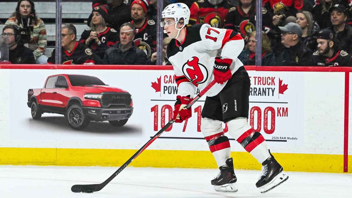 New Jersey Devils defenseman Simon Nemec (17) plays the puck against the Ottawa Senators during the third period at Canadian Tire Centre.