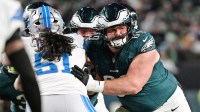 Philadelphia Eagles guard Landon Dickerson (69) blocks Detroit Lions defensive tackle Roy Lopez (51) at Lincoln Financial Field.