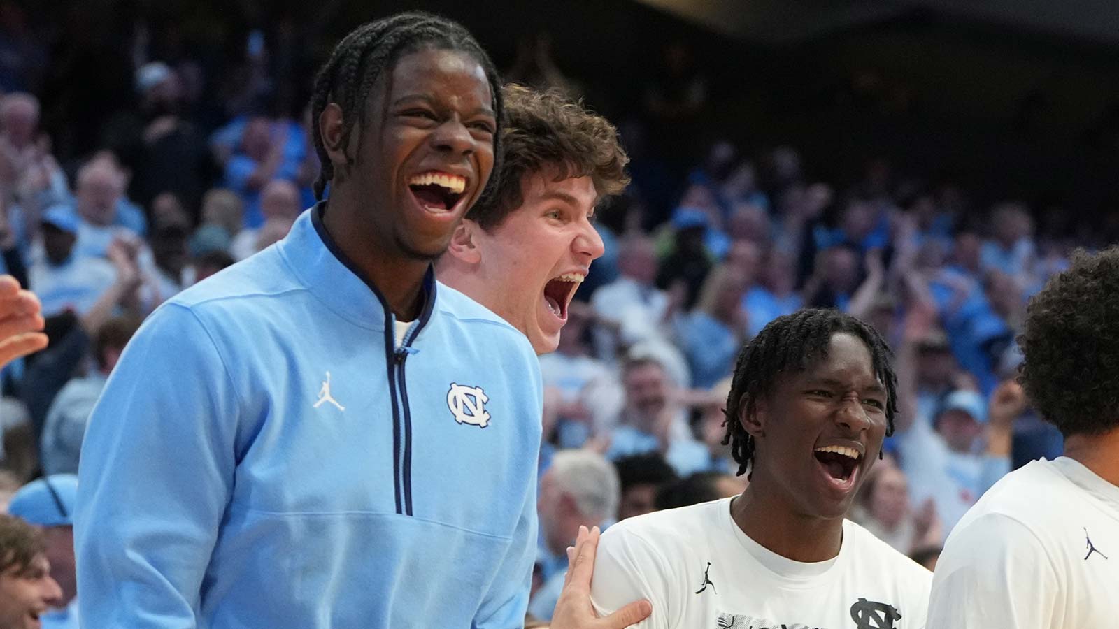 North Carolina Tar Heels forward Caleb Wilson (8) and the bench react in the second half at Dean E. Smith Center.