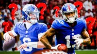 New York Giants quarterback Jaxson Dart with Odell Beckham Jr. when he was on the team with question marks around them.