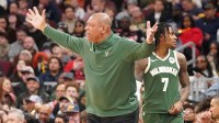 Milwaukee Bucks Head Coach Doc Rivers gestures to his team against the Chicago Bulls during the second half at United Center.