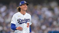 Los Angeles Dodgers pitcher Tyler Glasnow (31) smiles during the World Series ring ceremony before the game against the Arizona Diamondbacks at Dodger Stadium.