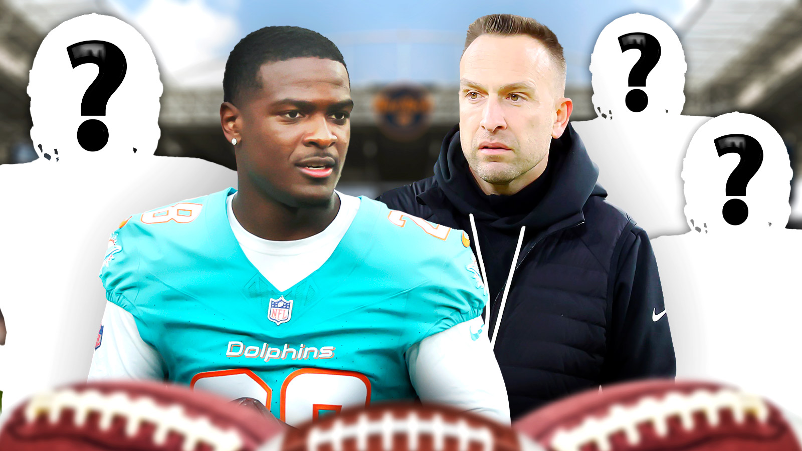 Coach Jeff Hafley and De'Von Achane beside each other, 3 mystery players around them, NFL Draft logo in the background