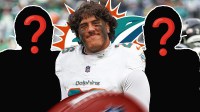 Utah tackle Spencer Fano wearing a Miami Dolphins uniform. He is next to two silhouettes of American football players with big question mark emojis inside. There is also a logo for the Miami Dolphins in the background.