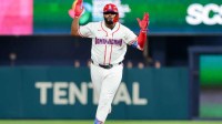 Mar 15, 2026; Miami, FL, United States; Dominican Republic designated hitter Junior Caminero (13) hits a home-run in the second inning against the United States during a semifinal game of the 2026 World Baseball Classic at loanDepot Park. Mandatory Credit: Sam Navarro-Imagn Images