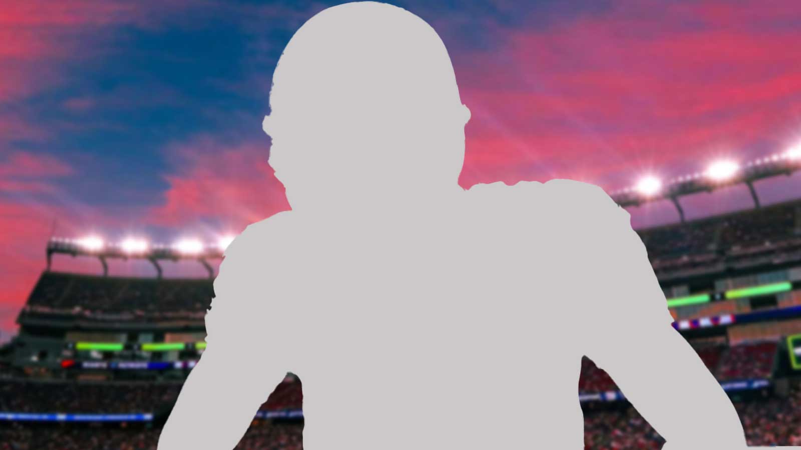 Silhouette of New England Patriots quarterback Drake Maye, who now has a bald hairstyle for charity, with Gillette Stadium background.