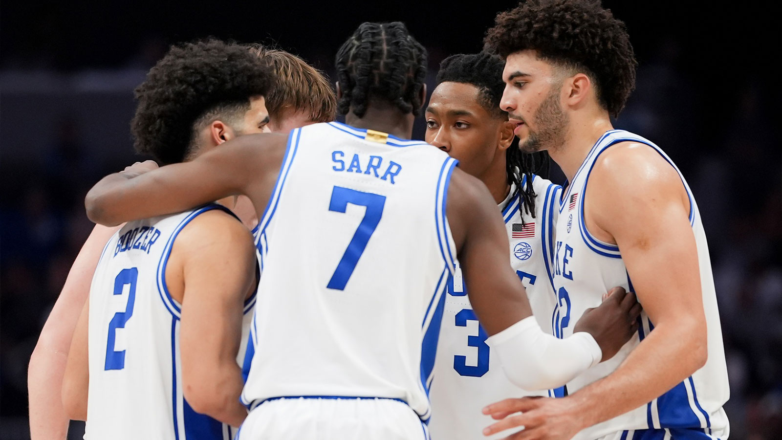 The Duke Blue Devils huddle up against the Virginia Cavaliers during the men's ACC Conference Tournament Championship at Spectrum Center.