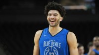 Duke Blue Devils forward Cameron Boozer (12) reacts during a practice session ahead of the first round of the men's 2026 NCAA Tournament at Bon Secours Wellness Arena.