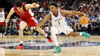 Duke Blue Devils guard Caleb Foster (1) dribbles the ball against St. John's Red Storm guard Dylan Darling (0) in the first half during a Sweet Sixteen game of the East Regional of the men's 2026 NCAA Tournament at Capital One Arena.
