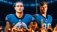 Eli Stowers (No. 9) and Sam Roush (No. 86) in Eagles uniforms in front of the 2026 NFL Draft logo