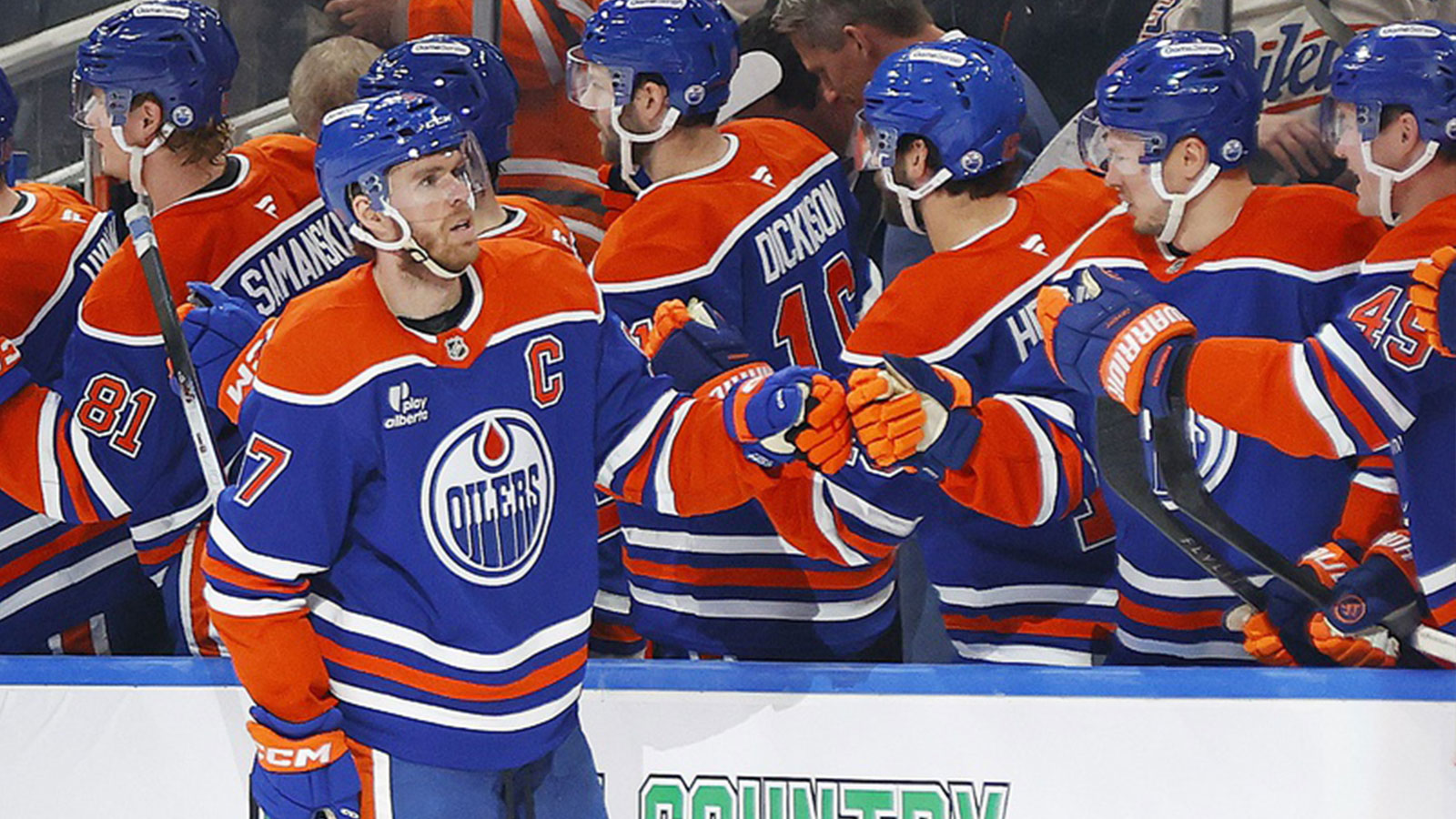 The Edmonton Oilers celebrate a goal scored by forward Connor McDavid (97) during the second period against the Anaheim Ducks at Rogers Place.
