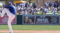 Los Angeles Dodgers pitcher Edwin Diaz (3) on the mound to pitch in the third inning of a spring training game against the Chicago Cubs.